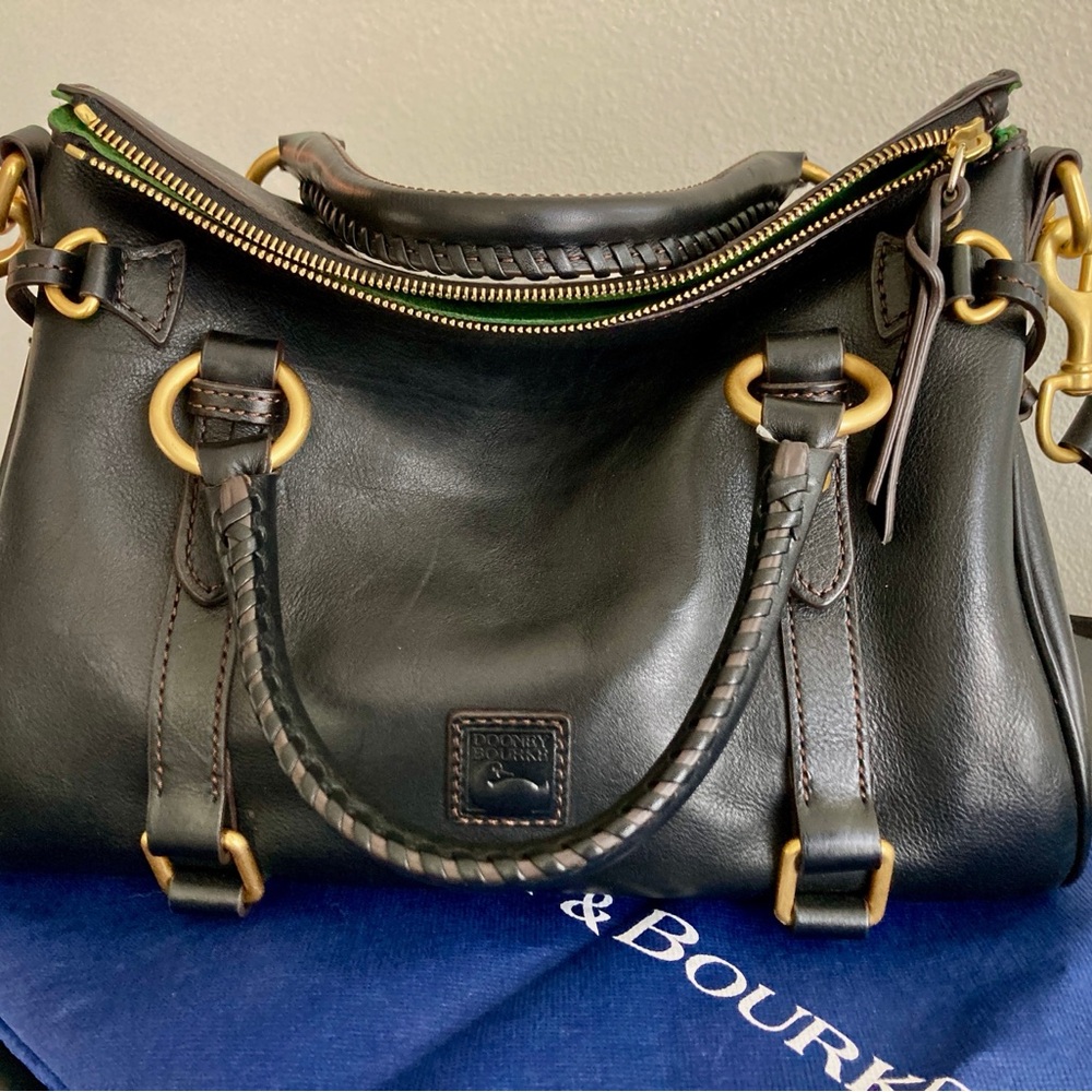 NWOT Dooney & Bourke Black Leather Satchel with Gold Accents